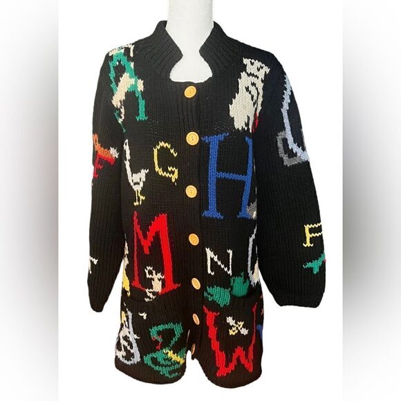 Vtg Moussie Susan Bristol Sweater Cardigan Wool ABCs Back To School Novelty M - Picture 1 of 10